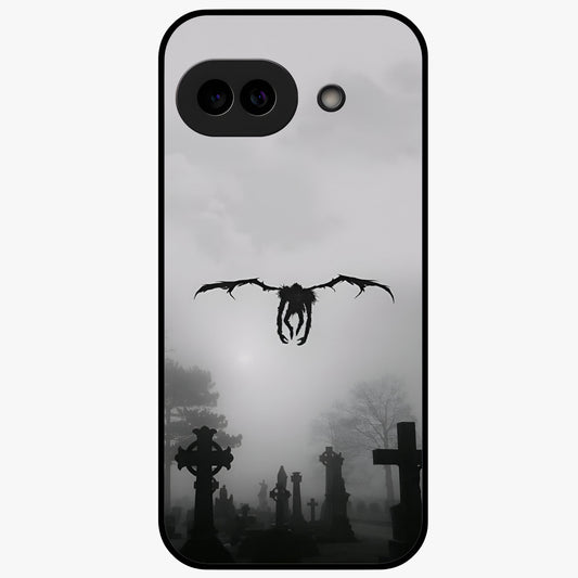 Graveyard Shadow Descent Glass Case showing flat back view with dark graveyard themed artwork and glossy glass finish.
