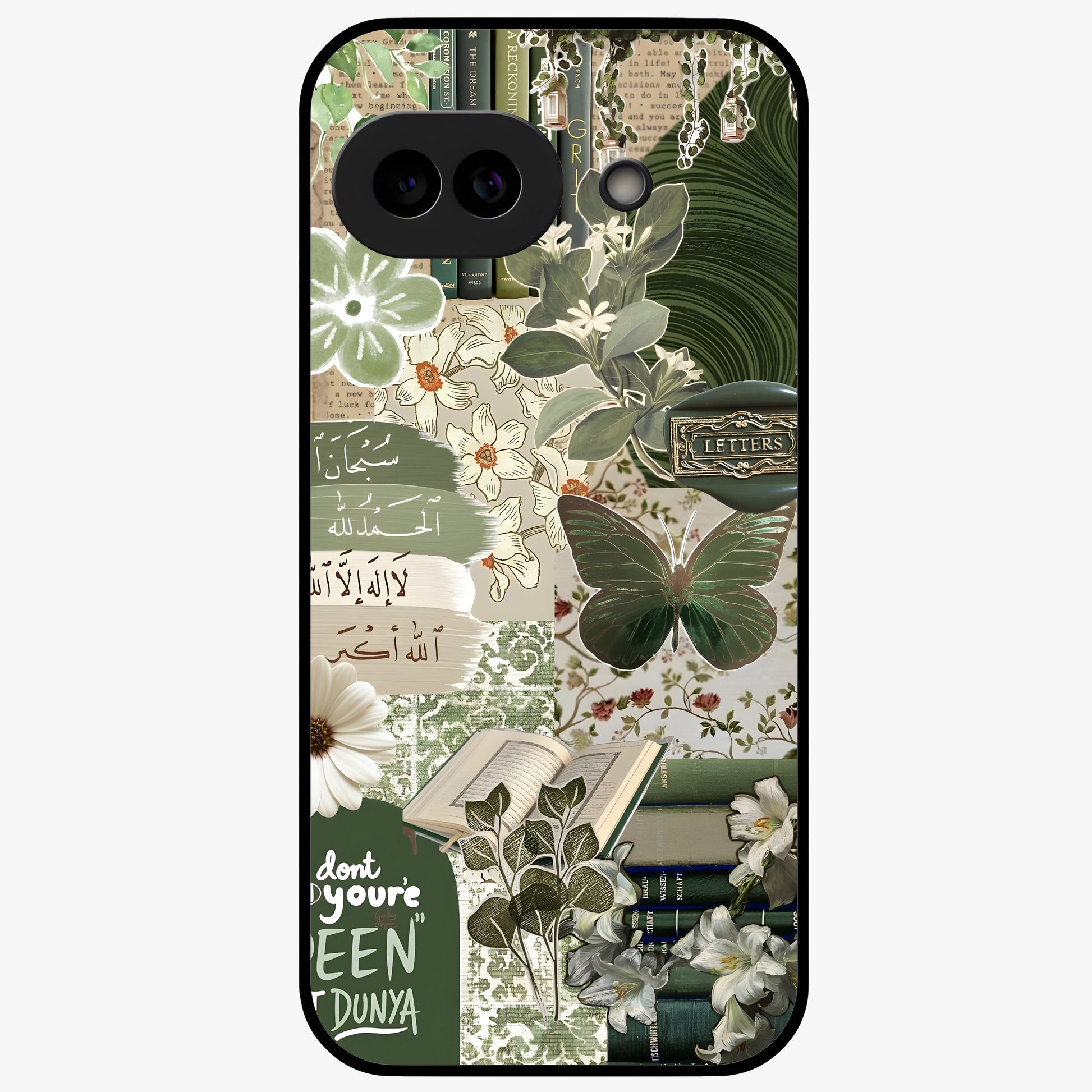 Green Islamic Books Quotes Glass Case showing flat back view with Islamic quotes and book themed artwork and glossy glass finish.