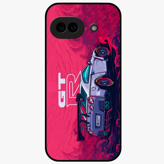 GT-R Car Pattern Glass Case showing flat back view with sporty car inspired pattern artwork and glossy glass finish.