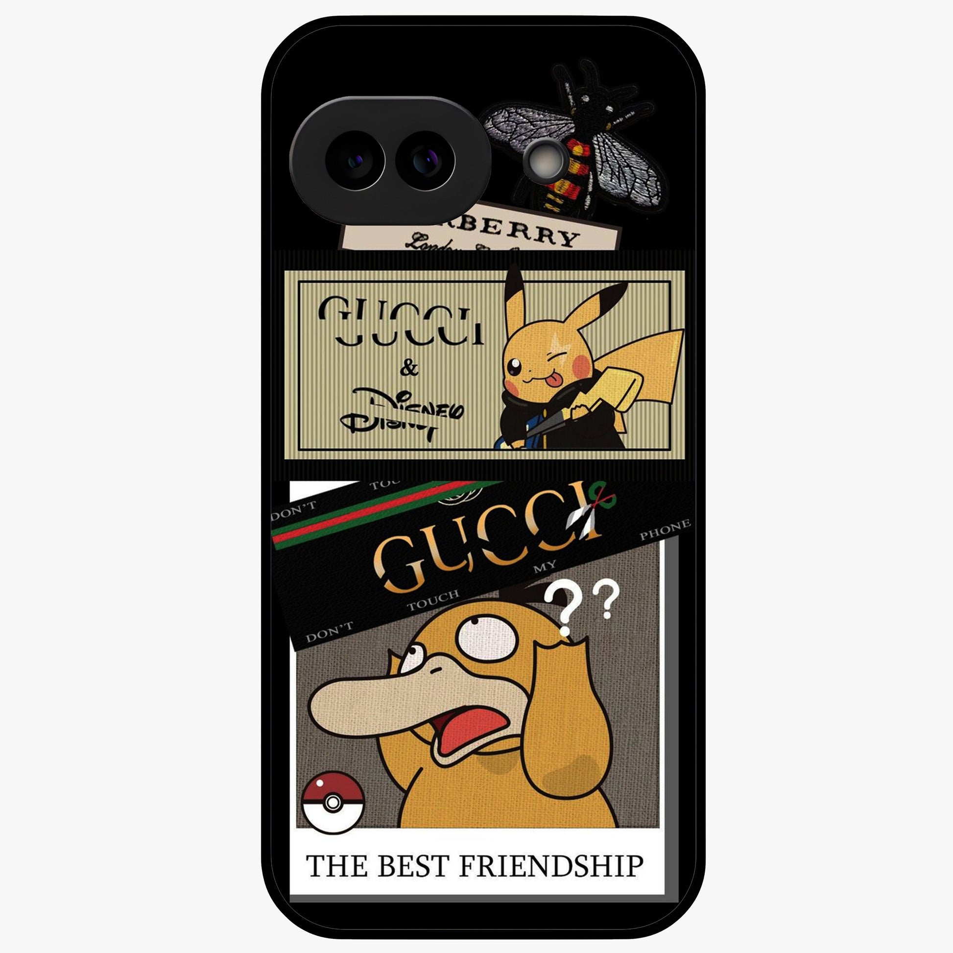 Gucci Play Mashup Glass Case showing flat back view with luxury inspired graphic artwork and glossy glass finish.