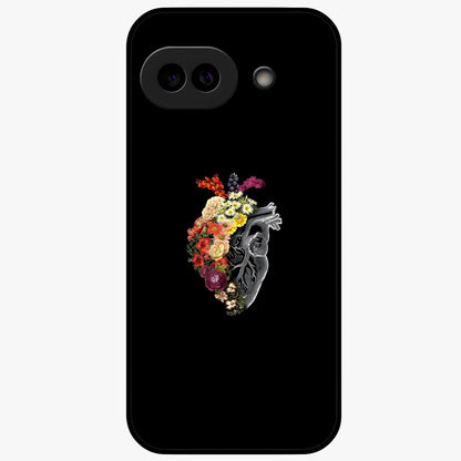 Heart With Flowers Glass Case showing flat back view with heart shaped floral artwork and glossy glass finish.