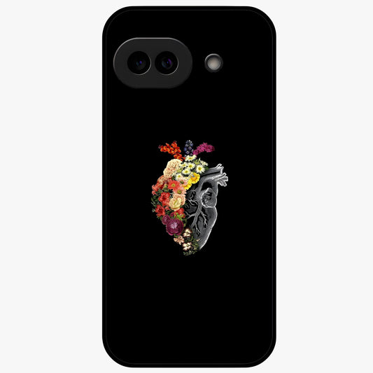 Heart With Flowers Glass Case showing flat back view with heart shaped floral artwork and glossy glass finish.