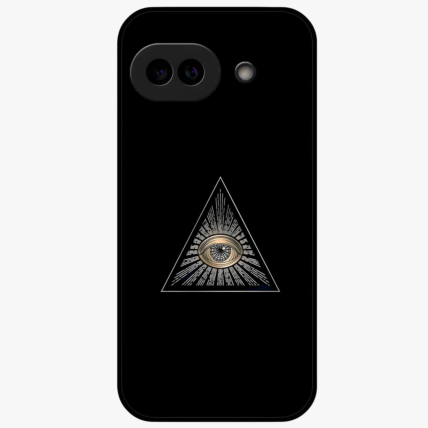 Illuminati Evil Glass Case showing flat back view with mysterious illuminati symbol artwork and glossy glass finish.