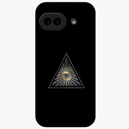 Illuminati Evil Glass Case showing flat back view with mysterious illuminati symbol artwork and glossy glass finish.