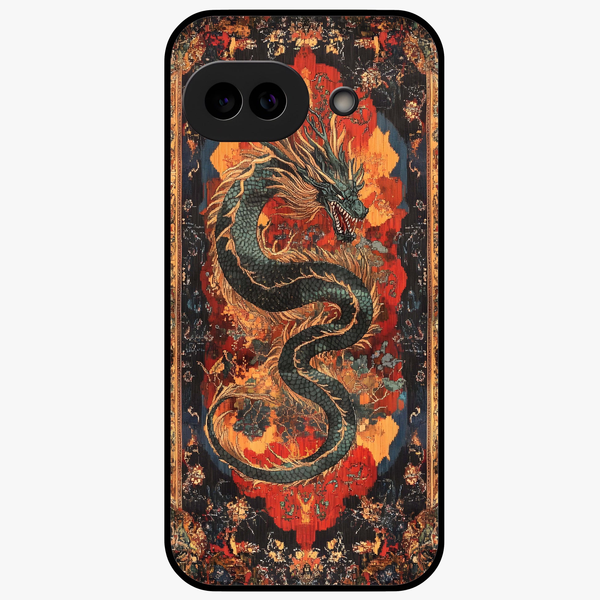 Inferno Dragon Soul Glass Case showing flat back view with fiery dragon artwork and glossy glass finish.