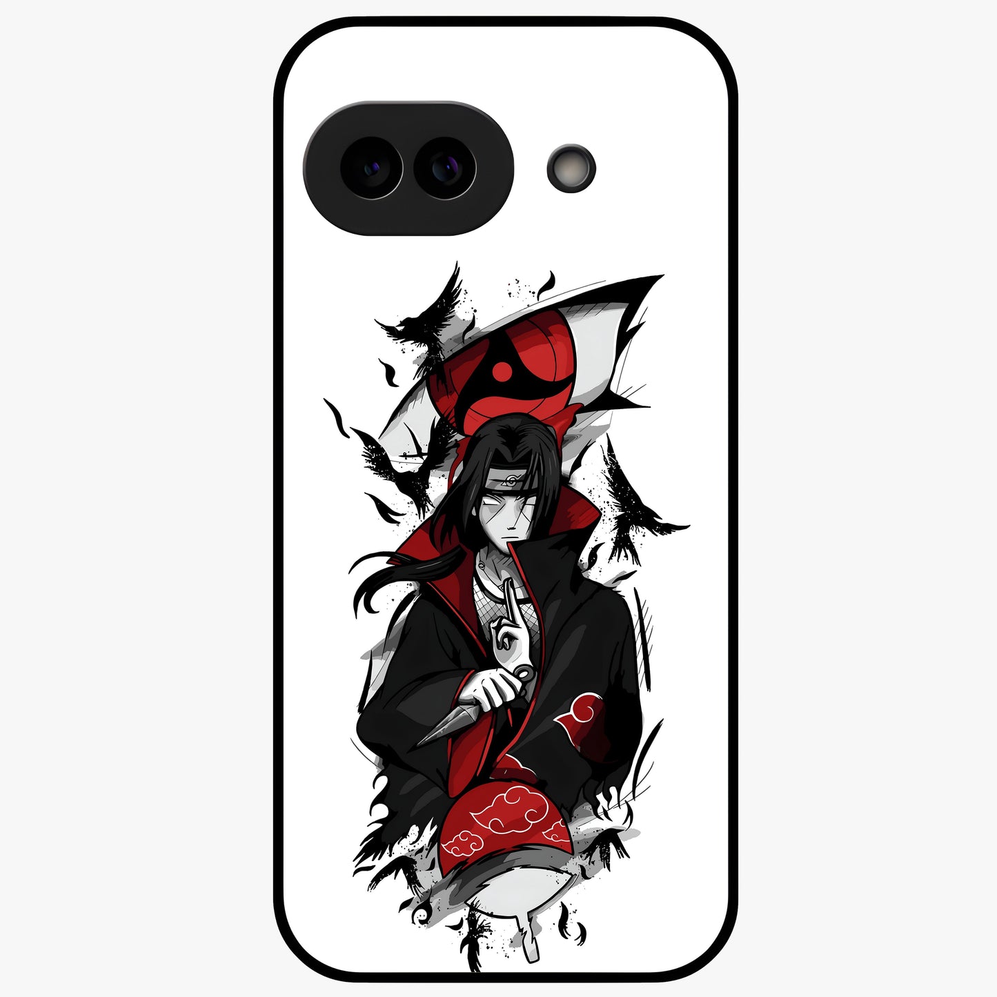 Itachi Sharingan Glass Case showing flat back view with powerful anime eye artwork and glossy glass finish.