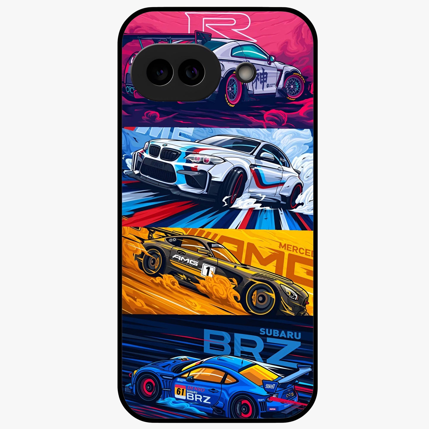 JDM Sports Car Glass Case showing flat back view with high performance sports car artwork and glossy glass finish.