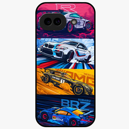 JDM Sports Car Glass Case showing flat back view with high performance sports car artwork and glossy glass finish.