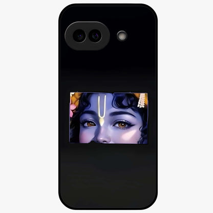 Krishna Divine Embrace Glass Case showing flat back view with Lord Krishna devotional artwork and glossy glass finish.