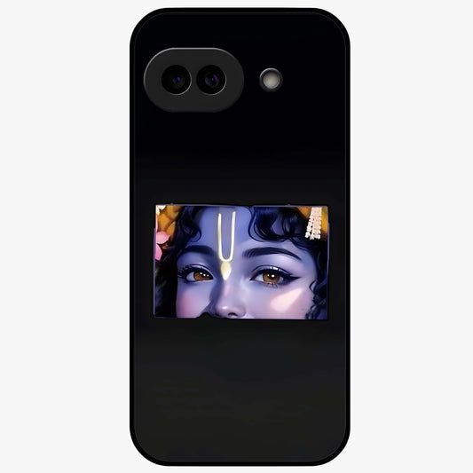 Krishna Divine Embrace Glass Case showing flat back view with Lord Krishna devotional artwork and glossy glass finish.