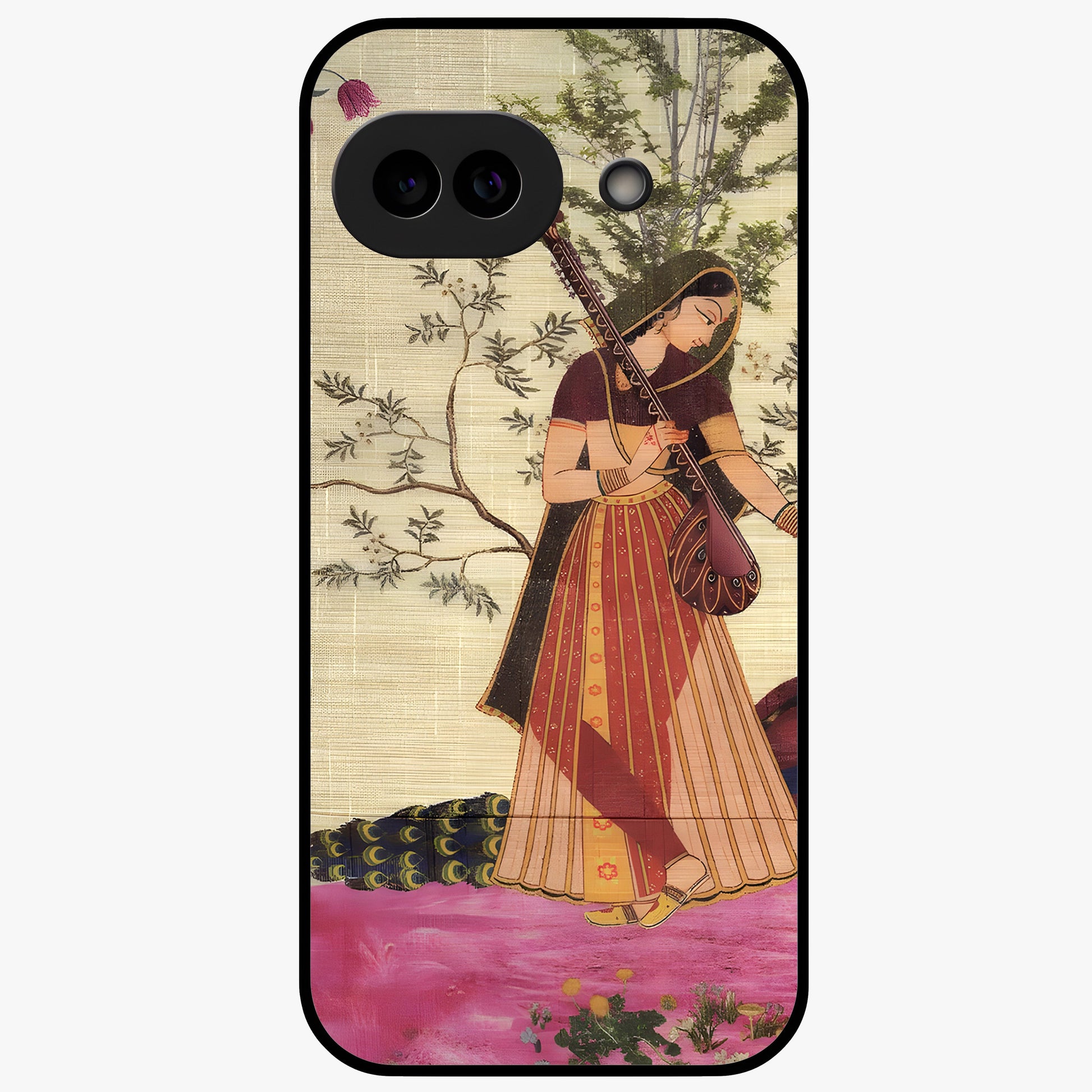 Lady With Veena Art Glass Case showing flat back view with elegant woman playing veena artwork and glossy glass finish.