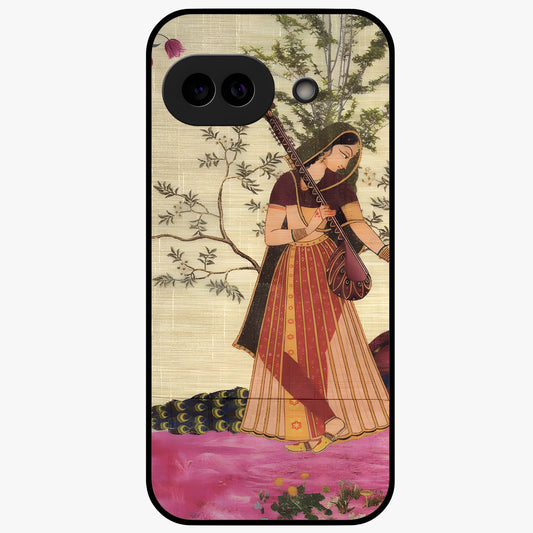 Lady With Veena Art Glass Case showing flat back view with elegant woman playing veena artwork and glossy glass finish.