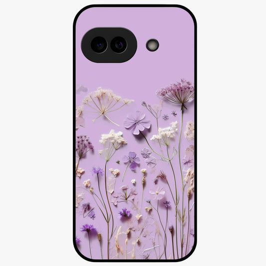 Lavender Blossom Dream Glass Case showing flat back view with soft lavender floral artwork and glossy glass finish.