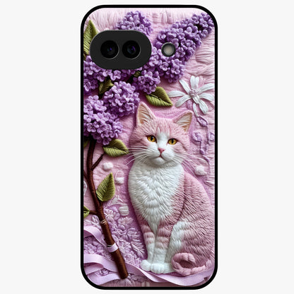 Lavender Cat Whimsy Glass Case showing flat back view with cute lavender cat artwork and glossy glass finish.