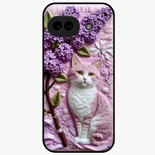 Lavender Cat Whimsy Glass Case showing flat back view with cute lavender cat artwork and glossy glass finish.