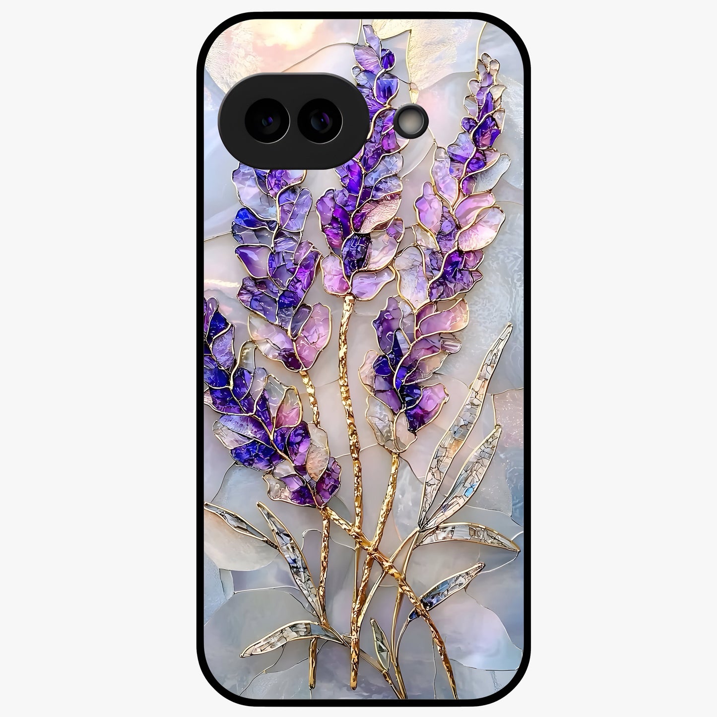 Lavender Dream Glow Glass Case showing flat back view with glowing lavender aesthetic artwork and glossy glass finish.