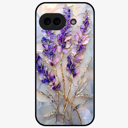 Lavender Dream Glow Glass Case showing flat back view with glowing lavender aesthetic artwork and glossy glass finish.