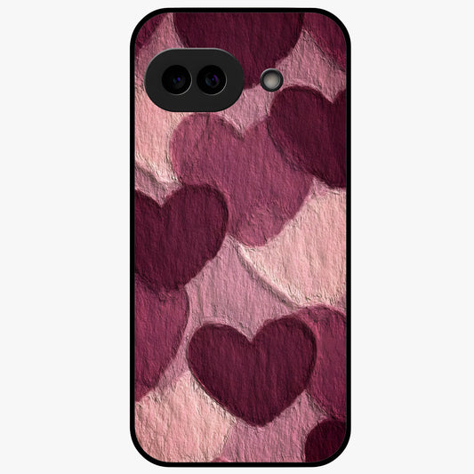 Layered Paper Hearts Glass Case showing flat back view with layered paper heart artwork and glossy glass finish.