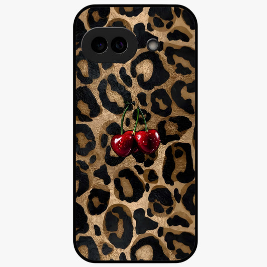 Leopard Wild Cherry Glass Case showing flat back view with leopard pattern and cherry artwork and glossy glass finish.