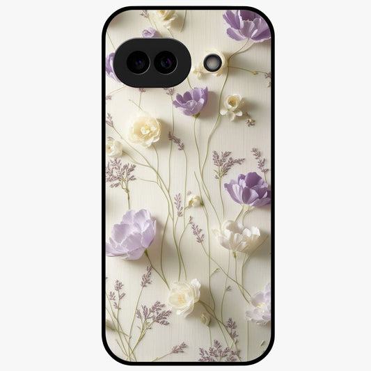 Lilac Breeze Harmony Glass Case showing flat back view with soft lilac themed artwork and glossy glass finish.
