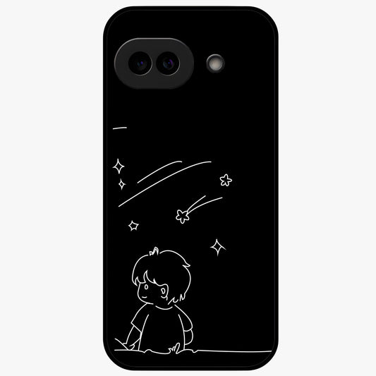 Line Art Boy With Shooting Stars Glass Case showing flat back view with minimal line art boy and shooting stars illustration and glossy glass finish.