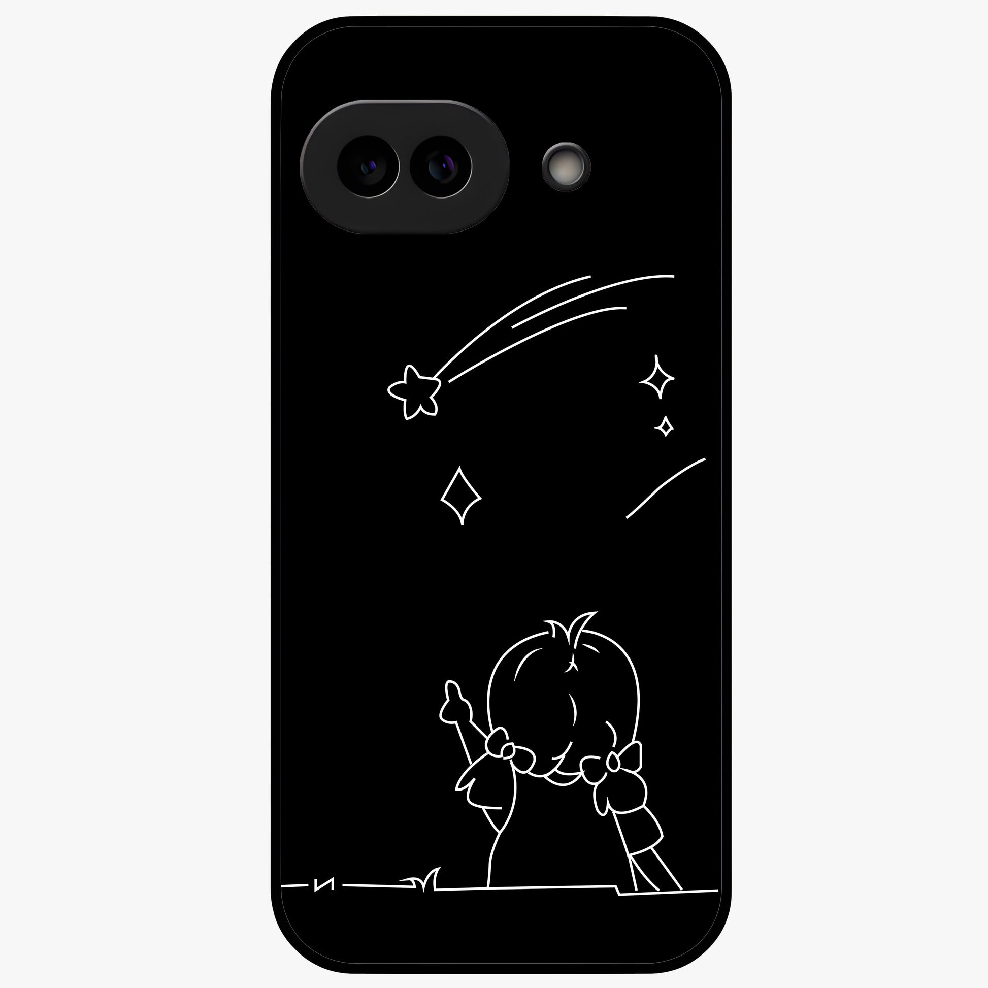 Line Art Girl With Shooting Stars Glass Case showing flat back view with minimal line art girl and shooting stars illustration and glossy glass finish.