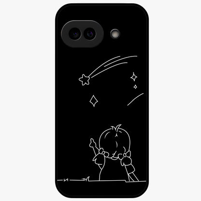 Line Art Girl With Shooting Stars Glass Case showing flat back view with minimal line art girl and shooting stars illustration and glossy glass finish.