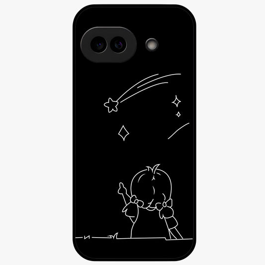 Line Art Girl With Shooting Stars Glass Case showing flat back view with minimal line art girl and shooting stars illustration and glossy glass finish.