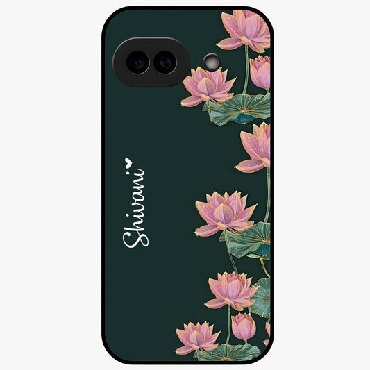 Lotus Bloom Serenity Custom Name Glass Case showing flat back view with elegant lotus flower artwork and personalized name design.