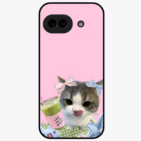 Love Matcha Cat Glass Case showing flat back view with cute cat and matcha themed artwork and glossy glass finish.