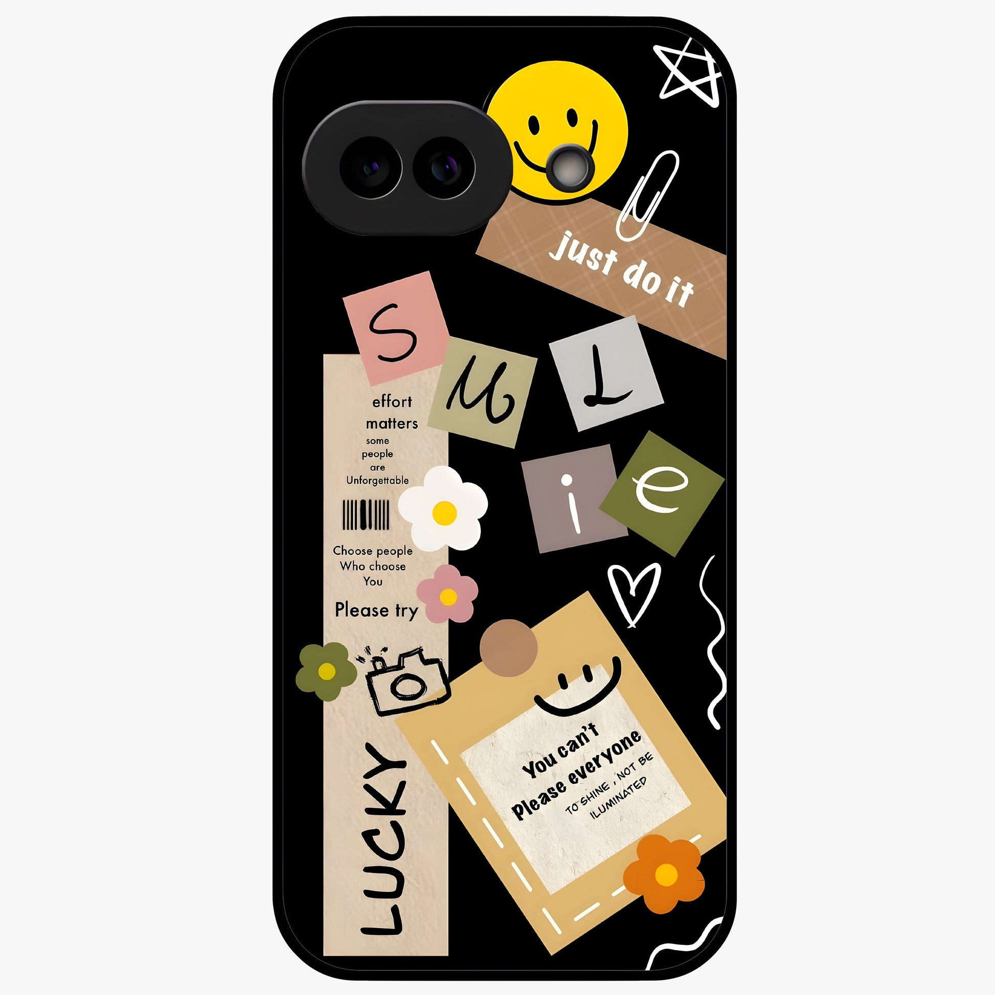 Lucky Aesthetic Collage Glass Case showing flat back view with trendy aesthetic collage artwork and glossy glass finish.