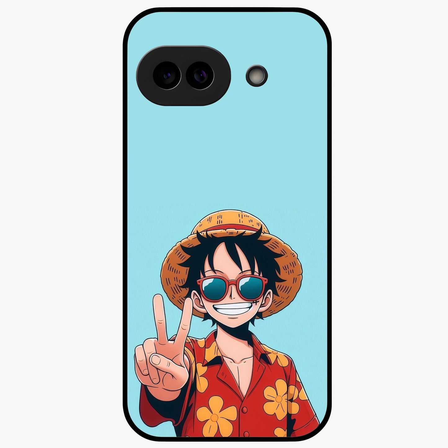 Luffy Summer Anime Vibe Glass Case showing flat back view with vibrant anime character artwork and glossy glass finish.