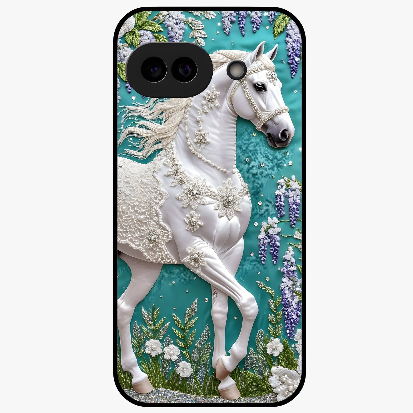 Majestic Floral Stallion Glass Case showing flat back view with powerful horse and floral artwork and glossy glass finish.