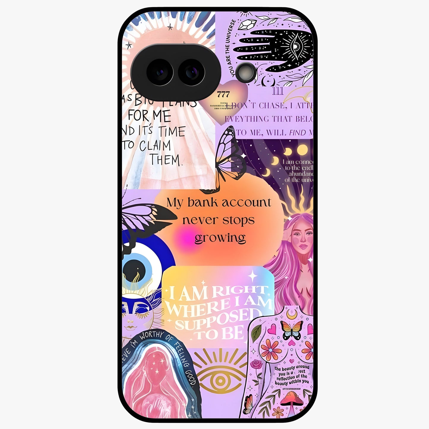 Manifestation Collage Glass Case showing flat back view with motivational collage artwork and glossy glass finish.
