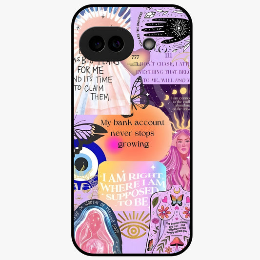 Manifestation Collage Glass Case showing flat back view with motivational collage artwork and glossy glass finish.