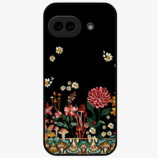 Midnight Bloom Pattern Glass Case showing flat back view with dark floral pattern artwork and glossy glass finish.