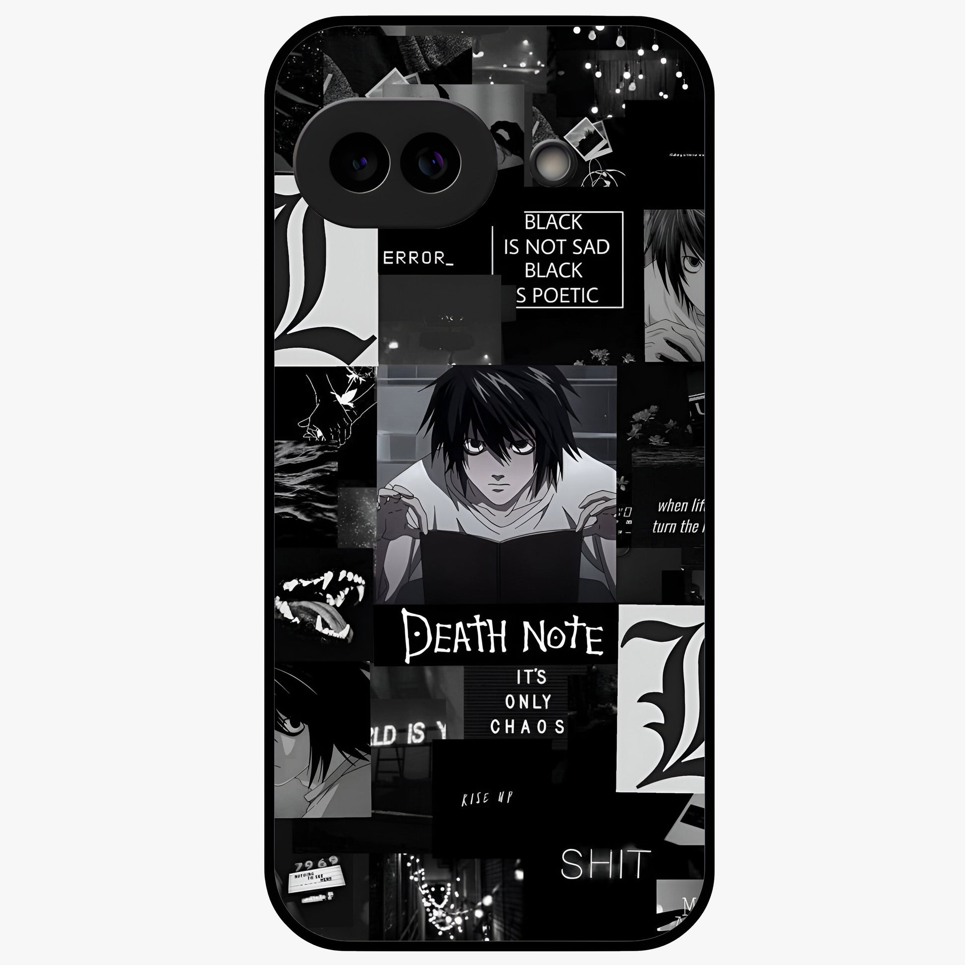 Midnight Chaos Mind Glass Case showing flat back view with abstract dark themed artwork and glossy glass finish.