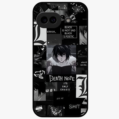 Midnight Chaos Mind Glass Case showing flat back view with abstract dark themed artwork and glossy glass finish.