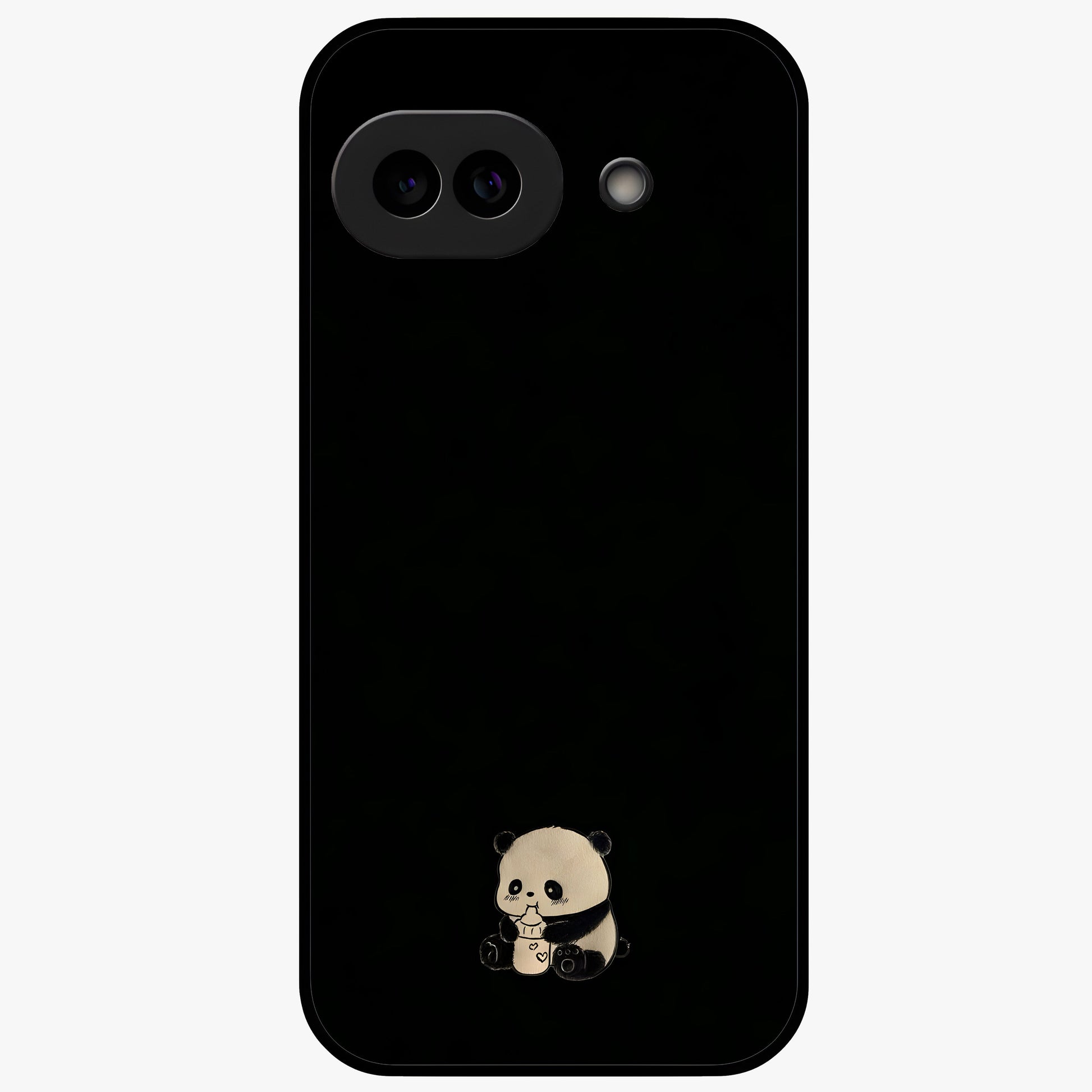 Midnight Panda Love Glass Case showing flat back view with cute panda themed artwork and glossy glass finish.
