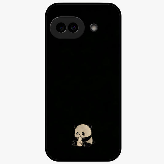 Midnight Panda Love Glass Case showing flat back view with cute panda themed artwork and glossy glass finish.