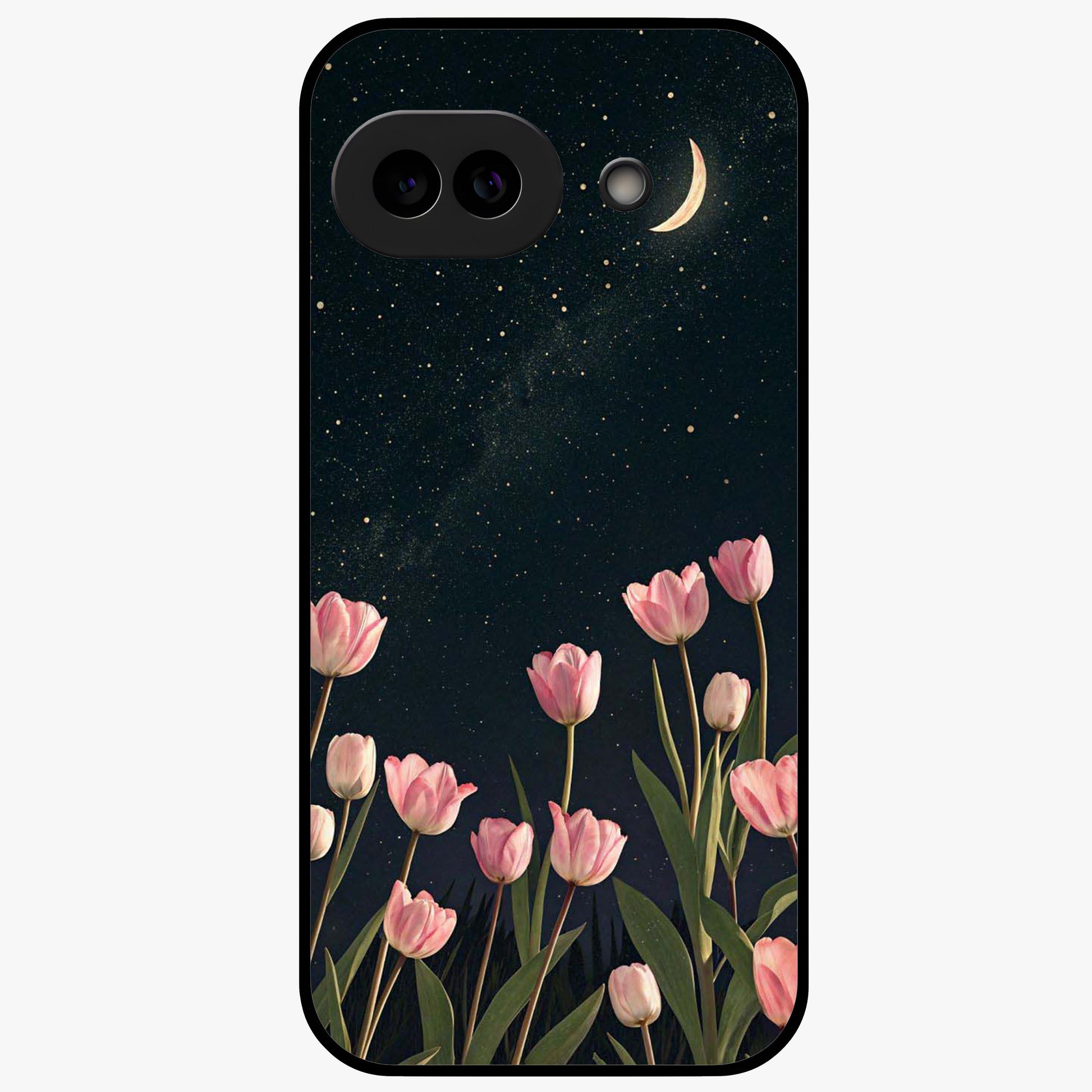 Midnight Tulip Whispers Vibe Glass Case showing flat back view with elegant tulip flower artwork and glossy glass finish.