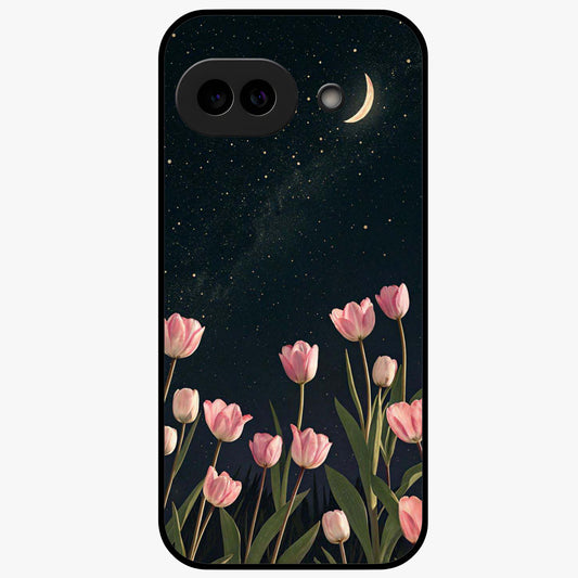 Midnight Tulip Whispers Vibe Glass Case showing flat back view with elegant tulip flower artwork and glossy glass finish.