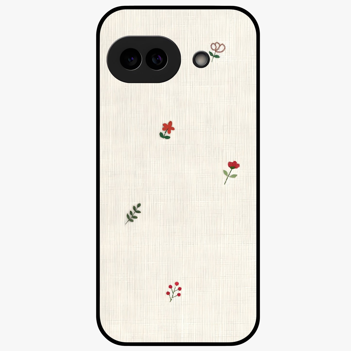 Minimal Petal Whispers Glass Case showing flat back view with soft minimal floral artwork and glossy glass finish.