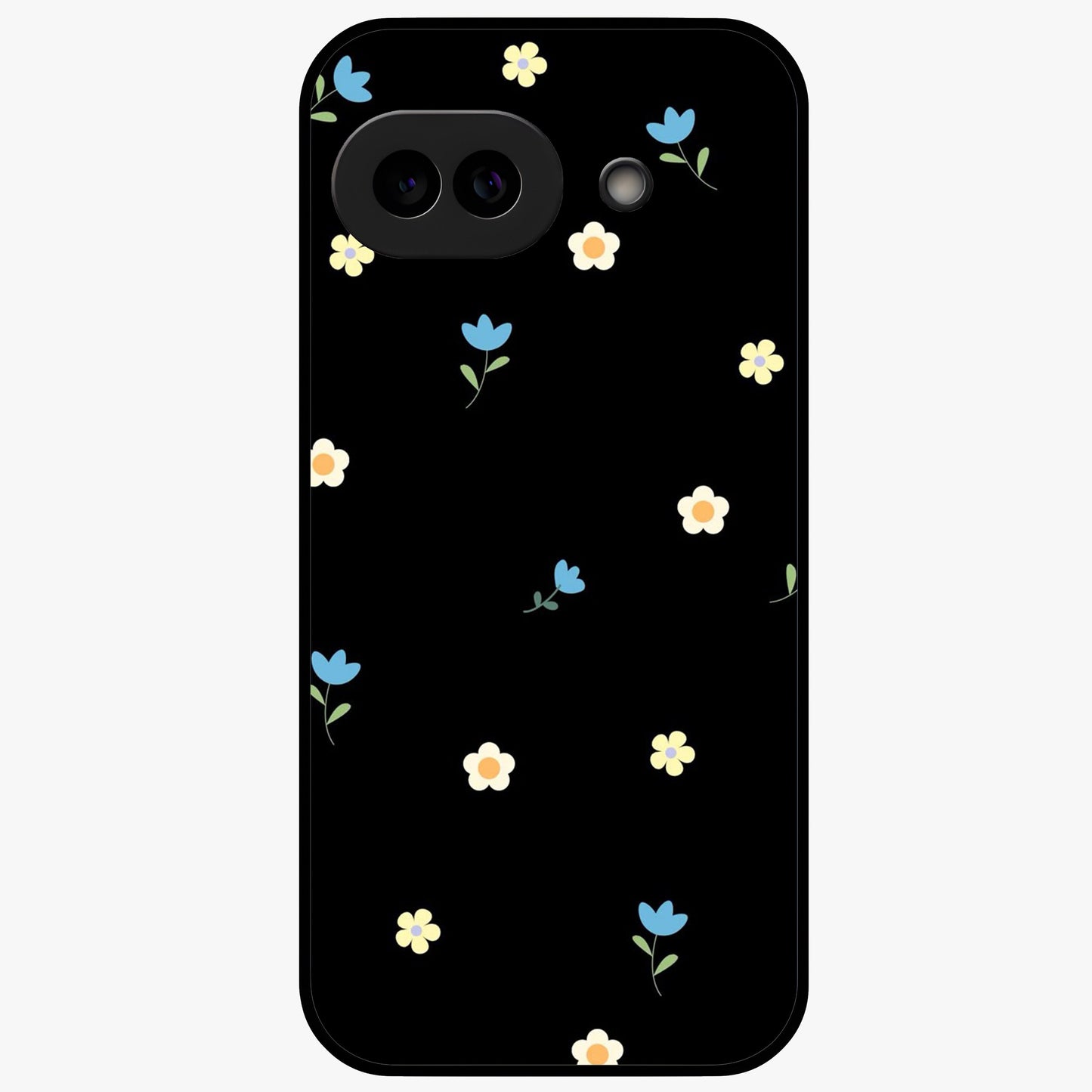 Minimalistic Blue With White Flower Pattern Glass Case showing flat back view with blue background and white flower pattern and glossy glass finish.