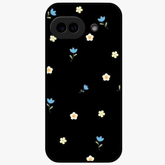 Minimalistic Blue With White Flower Pattern Glass Case showing flat back view with blue background and white flower pattern and glossy glass finish.