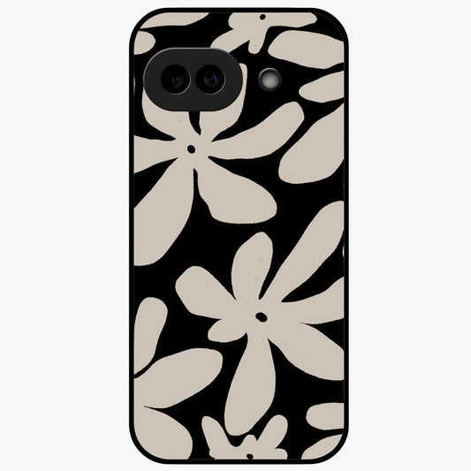 Monochrome Petal Dance Glass Case showing flat back view with monochrome floral artwork and glossy glass finish.