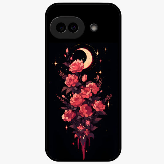 Moonlit Floral Elegance Glass Case showing flat back view with elegant floral artwork under moonlit tones and glossy glass finish.