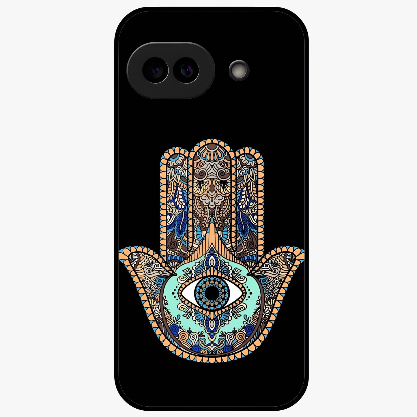 Mystic Hamsa Eye Glass Case showing flat back view with protective hamsa hand and evil eye artwork and glossy glass finish.