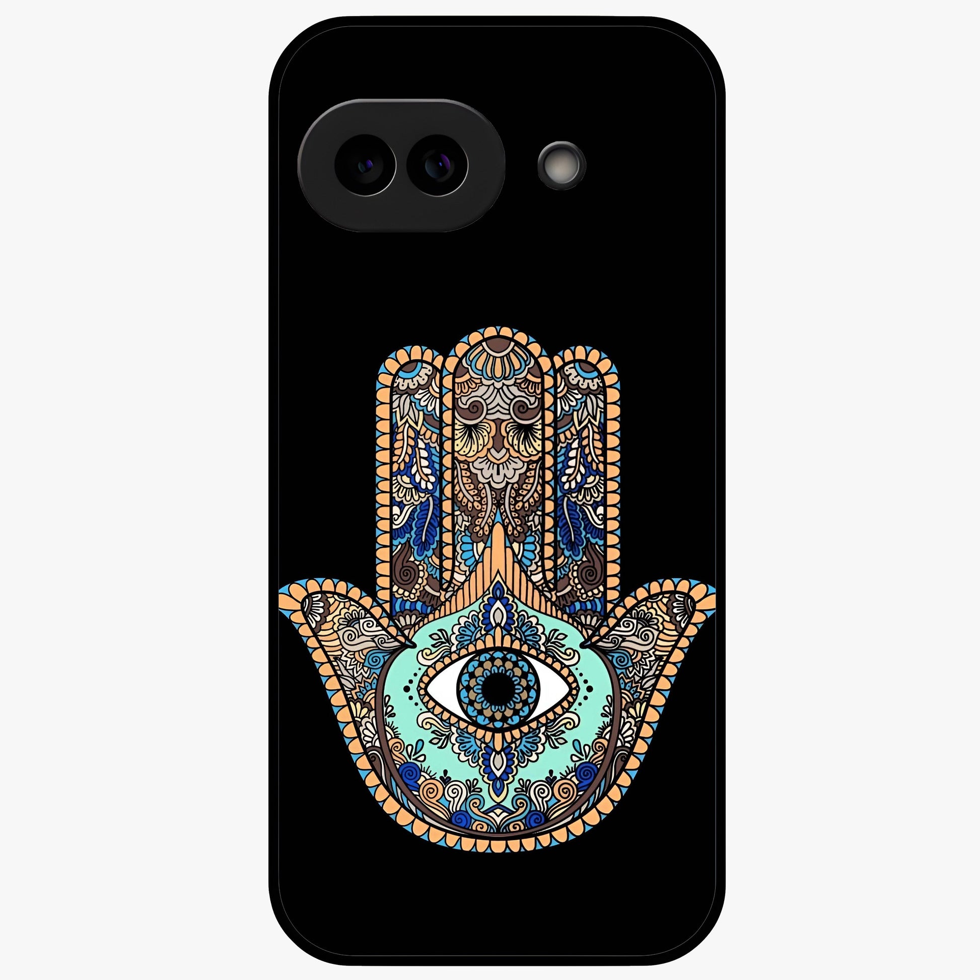 Mystic Hamsa Eye Glass Case showing flat back view with protective hamsa hand and evil eye artwork and glossy glass finish.