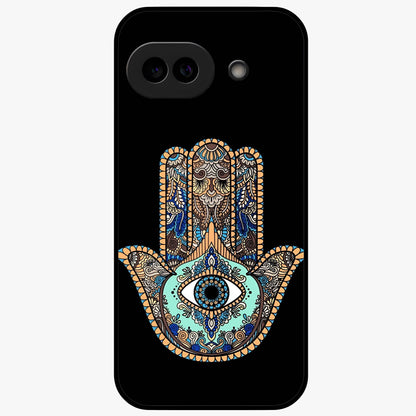 Mystic Hamsa Eye Glass Case showing flat back view with protective hamsa hand and evil eye artwork and glossy glass finish.